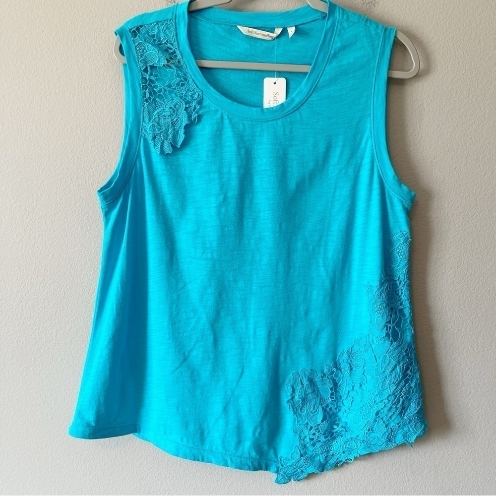 Soft Surroundings Size Large Lacey Tank Top Island Blue Asymmetrical NEW Coastal